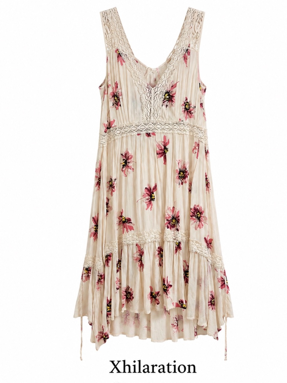 Xhilaration Cream Floral Lace-Trim Tiered Sundress with Pink Blooms